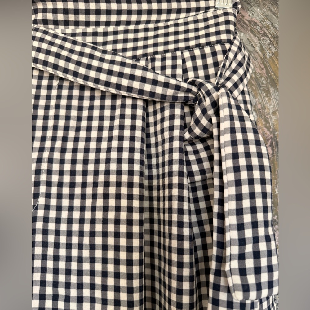 Zara Dark Blue Navy & White Gingham Wide-Leg Tie-Waist Pants - Picture 3 of 6